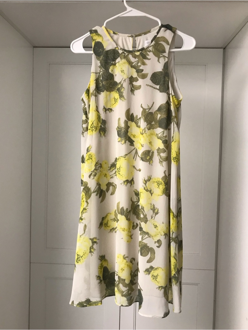 Calvin Klein Floral Sleeveless A-Line Dress in Yellow and Cream Chiffon US 6